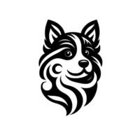 Tribalstyle illustration of a friendly dogs head, rendered in black and white, featuring patterned fur and a smiling expression against a white background. vector