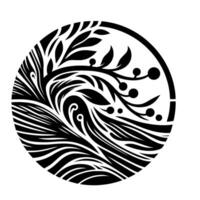 Intricate monochrome circular design a stylized black and white depiction of organic elements, including leaves, berries, and flowing lines, within a perfect circle. vector