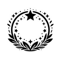 Black and white starstudded laurel wreath emblem with central star and leafy design, isolated on white background. vector