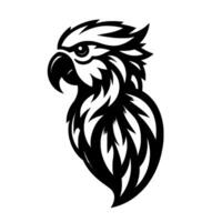 Stylized, monochrome illustration of an eagles head in profile, emphasizing feathers and sharp features, on a white background. vector