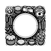 Black and white frame bakery themed border with pastries, bread, coffee, wheat, and an open center circle for a design. vector