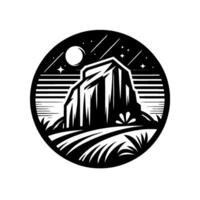 Silhouette of a mountain under a night sky, encompassed in a circle, evoking a sense of wilderness and tranquility, with a minimalist aesthetic. vector