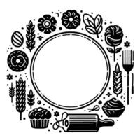 Black and white circular bakery illustration breads, flowers, and baking tools surrounding a blank circle. vector