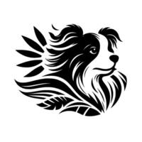 Stylized black and white border collie head with floral elements a minimalist artistic representation of a dog in profile, featuring a striking contrast and clean design. vector
