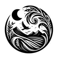 Black and white circular illustration featuring a crescent moon, mountains, a bird in flight, flowing lines, foliage, and a naturalistic design. vector