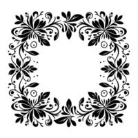 Intricate black floral square border with swirls, leaves, and dots on white background, decorative design. vector