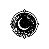 Celestial emblem crescent moon, stars, and foliage within a circular frame, a monochrome emblem of nights beauty. vector