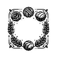 Elegant black and white illustration of a square frame with floral and yarn elements, and a cupcake in a vintage style, perfect for crafting designs. vector