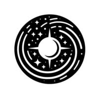 Black and white circular cosmic featuring a central bright star and orbiting lines with stylized celestial bodies in a minimalist aesthetic. vector