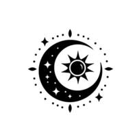 Celestial harmony a black and white illustration depicting a crescent moon enveloping a stylized sun, surrounded by stars and decorative dots. vector