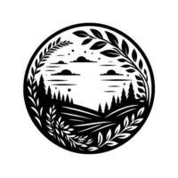 Black and white circular illustration serene landscape with trees, fields, clouds, and leafy border. vector