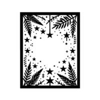 Black cutout with frame of stars, ferns and hanging star embellishments on white background, empty space in middle. vector