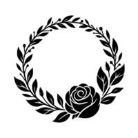 Elegant black and white circular floral crest rose within a laurel wreath on a white background. vector