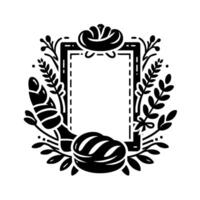 Black and white minimalist emblem with a blank frame encircled by stylized bread, floral accents, and wheat sprigs, perfect for bakery branding. vector