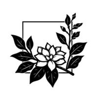 Monochromatic botanical illustration, a stylized flower and foliage composition with elegant simplicity, framed by a minimalist square border, clean and crisp. vector