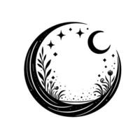 Celestial botanical emblem crescent moon, stars, and flora within a circle, minimalist black and white design. vector