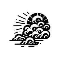 Stylized black and white illustration sun bursting through scrollshaped clouds, minimalist, flat design. vector