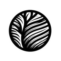 Stylized black and white circular featuring a leafy branch motif with vectorlike striations and a flat, aesthetic. vector