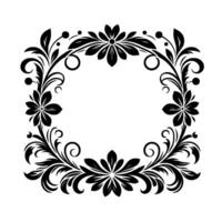 A symmetrical black floral design, with decorative leaves and flowers arranged in a square frame on a white background. vector