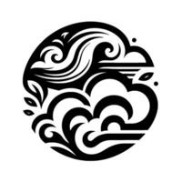Intricate black and white circular featuring stylized wave, cloud, and leaf motifs, exuding balance and harmony. vector