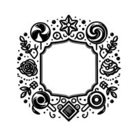 Intricate black and white decorative frame featuring sweet treats, botanical elements, and a central empty space. vector