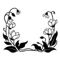 Elegant black floral frame on a white background, featuring stylized flowers, buds, and leaves, creating a delicate yet bold symmetrical design. vector