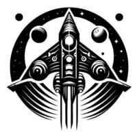 Bold black and white illustration of a stylized rocket ship soaring through a starfilled cosmos, encircled by planets. vector