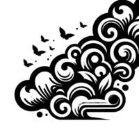 Stylized black and white with swirling forms, leaves, and butterflies in a corner composition on white. vector