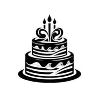 Twotiered black and white birthday cake illustration with swirling frosting, candles, and decorative ornaments on a white background. vector