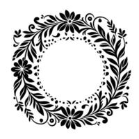 Intricate, monochrome floral wreath illustration with stylized flowers, leaves, and dotted accents forming a circular frame, minimalist on white background. vector