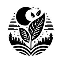 Stylized black and white illustration a crescent moon and foliage within an oval frame of forests, lines, and dots. vector