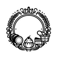Black and white circular emblem with a blank center, ornate flourish border, and bakery items like cake, bread, and a picnic basket. vector