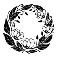 Elegant black and white floral wreath illustration featuring stylized magnolias, buds, and leaves forming a circular with negative space. vector