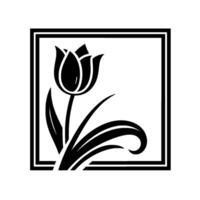 Black and white square composition featuring a stylized tulip flower with leaves, framed within a doublelined border against a stark white background, reminiscent of art deco style. vector