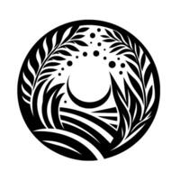 Monochromatic circular artwork crescent moon over stylized landscape with foliage and dots in a minimalist, natureinspired design. vector
