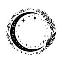 Intricate celestial crescent moon with botanical wreath mystical black and white illustration, symbolizing nighttime, dreams, and cosmic energies vector