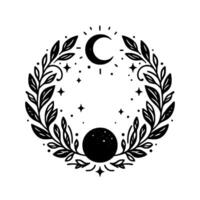 A celestial black and white illustration a crescent moon above a dotted orb, adorned with a wreath of leaves and twinkling stars. vector