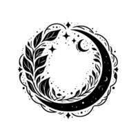 Intricate black and white celestial wreath featuring a crescent moon, stars, leaves, and botanical elements, exuding a mystical and ethereal charm. vector