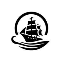 Stylized monochrome sailing ship crest a black clipper ship on wavy waters encased within a grayscale circle vector