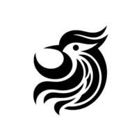Minimalist black and white bird head with stylized feathers and curved lines, perfect for branding. vector