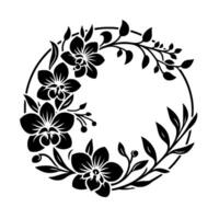 Elegant black and white floral wreath featuring orchids, leaves, and berries, arranged in a circular on a stark white background. vector
