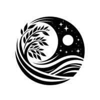 Yin yanginspired circle depicting a tree reaching towards a starry night, balanced in black and white. vector
