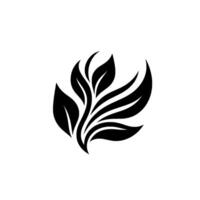 Stylized black botanical illustration featuring a clustered leaf and curved stem against a stark white background, evoking modern simplicity. vector