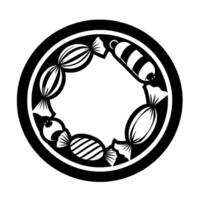 Circular monochrome featuring various candy shapes within a black and white border, creating a playful, inviting, and sweet aesthetic. vector