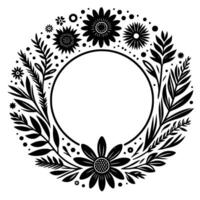 Intricate black and white floral wreath design, circular frame, composed of diverse flowers and foliage, adorned with dots, perfect for framing or decoration. vector