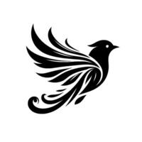 Minimalist black bird silhouette with stylized feathers and elegant curve tail on a white background, shadow effect. vector