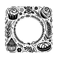 Black and white square frame design, adorned with baked goods and floral elements, creating a decorative wreath encircling empty space. vector