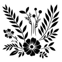 Elegant black floral with multiple flowers and leaves, arranged symmetrically against a white backdrop. vector