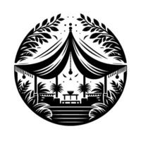 Intricate blackandwhite, circular illustration of a gazebo or pavilion with tentlike roof, surrounded by foliage and a layered design. vector