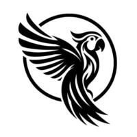 Artistic black and white parrot silhouette emblem in a circle, depicting flight and elegance, against white. vector